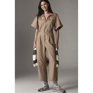 Anthropologie Daily Practice Short Sleeve Utility Jumpsuit Sz Md Taupe